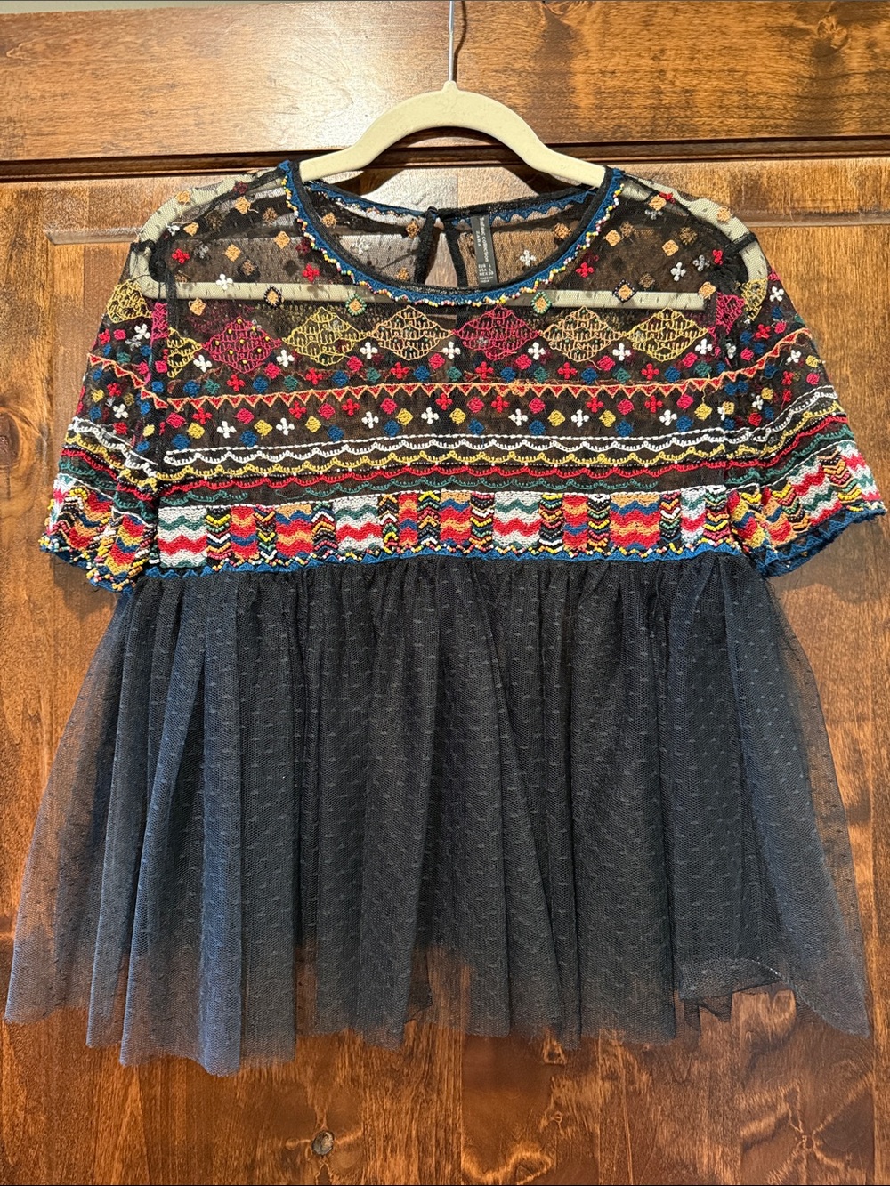 Zara Black Mesh Peplum Top with Colorful Embroidered Yoke